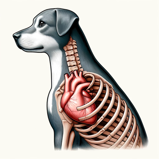 Educational illustration depicting various aspects of canine heart health, including an anatomical view of a dog's heart, a dog showing symptoms of heart failure, and another dog with signs of a heart attack, with visual cues like pale gums and a swollen abdomen.