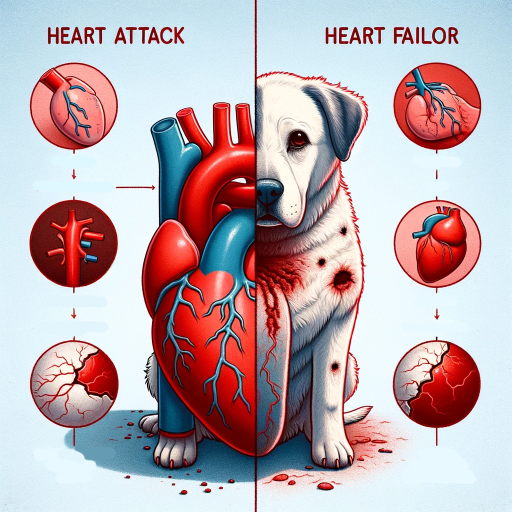 Educational illustration dividing two conditions: one side shows a heart with a blocked artery symbolizing a heart attack with a sudden blockage, and the other side depicts a worn-out heart representing chronic heart failure, emphasizing the contrast between acute and chronic heart conditions in dogs.