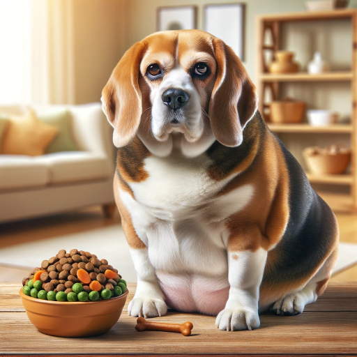 Overweight Beagle contently sitting beside a bowl of high-fiber, low-fat dog food in a cozy home setting, showcasing a healthy diet for weight management.