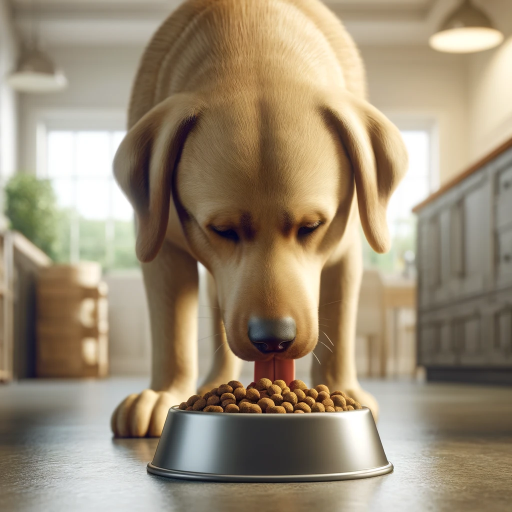 Medium-sized Labrador Retriever eating healthy dry food from a bowl in a sunny, modern kitchen.