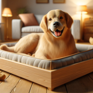 A content Golden Retriever comfortably resting in a custom-sized wooden bed in a cozy home setting, illustrating the comfort and style of wooden dog beds.