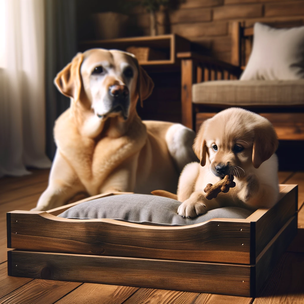 An adult Labrador Retriever lies peacefully in a stylish wooden bed, while a curious Golden Retriever puppy nibbles at its edge, showcasing the challenges of wooden beds for puppies and heavy chewers